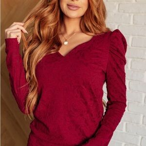 Bibi Ruched Puff Sleeve Sweetheart Neckline Jacquard Knit Red Long Sleeve Top